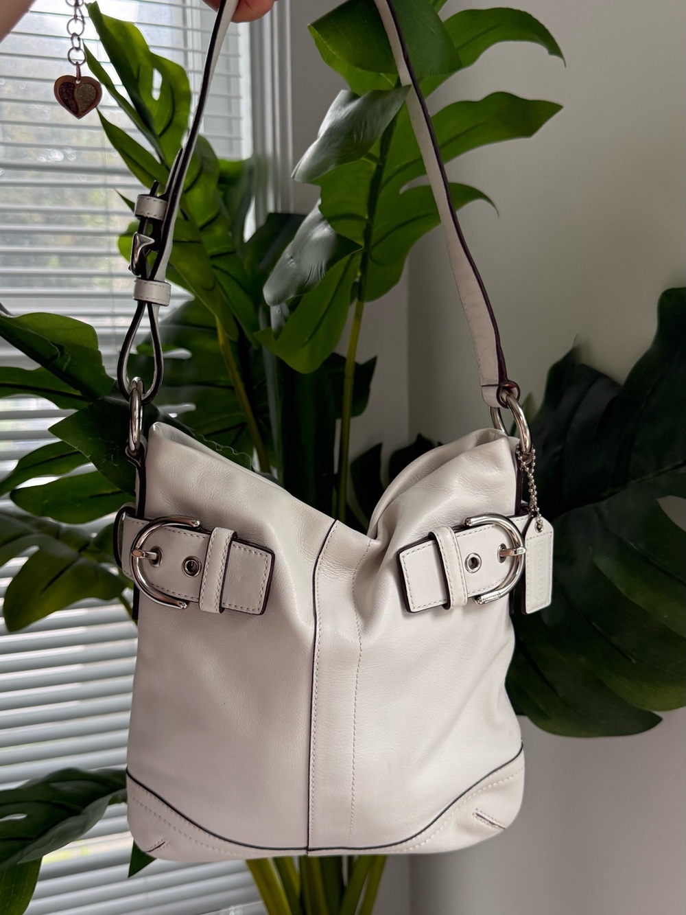Coach White Leather Shoulder Bucket Bag with Buckle Accents